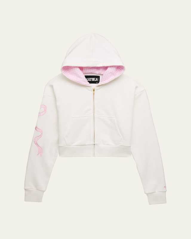 Girl's Dylan Cropped Hoodie W/ Coquette Bow Applique, Size S-XL